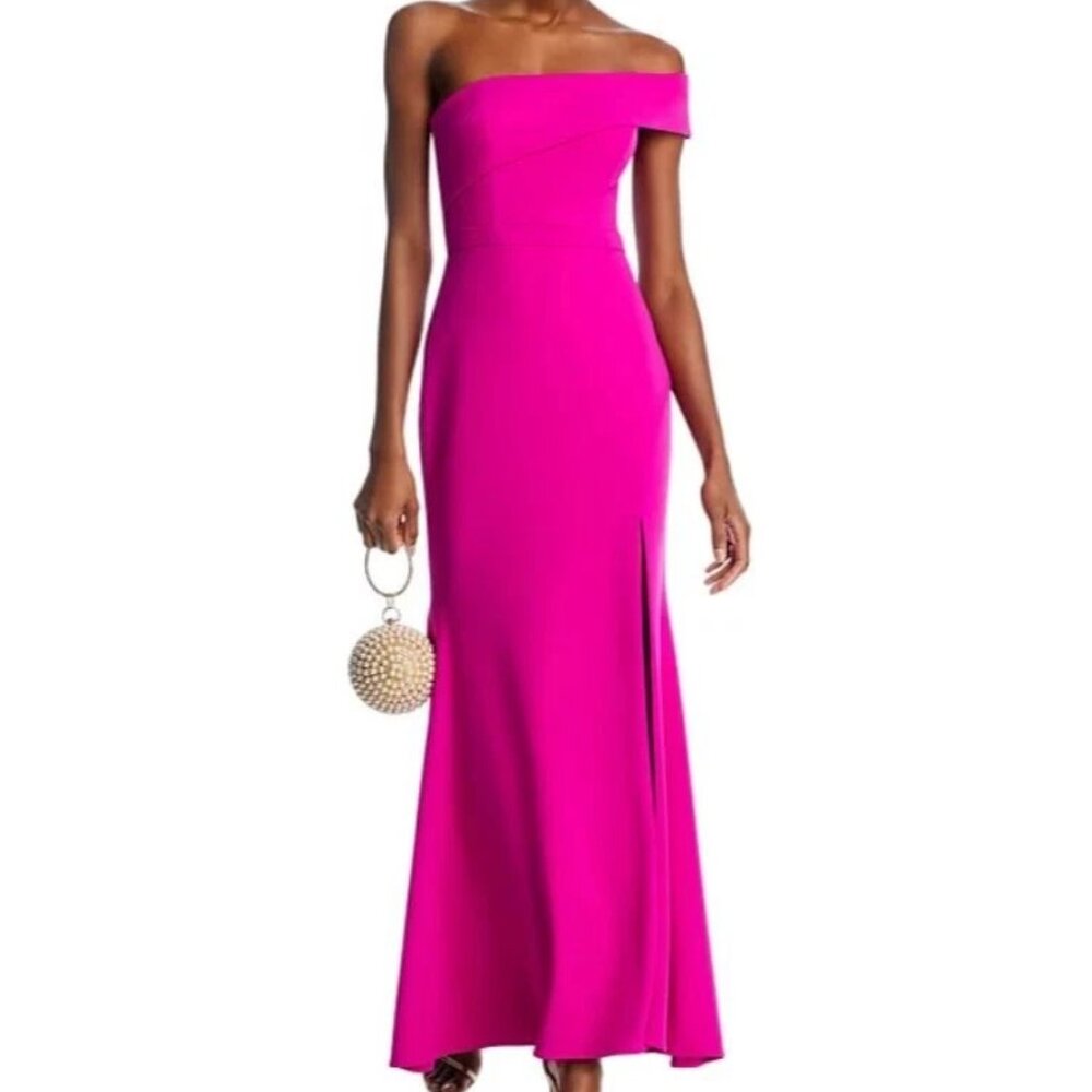 AQUA Formal Scuba Crepe Off -The- Shoulder Gown, Open Leg, Magenta, 8, Exclusive